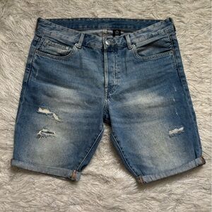 H&M Men's Light Blue Trashed Slim Fit Low Waist Denim Shorts Size 32